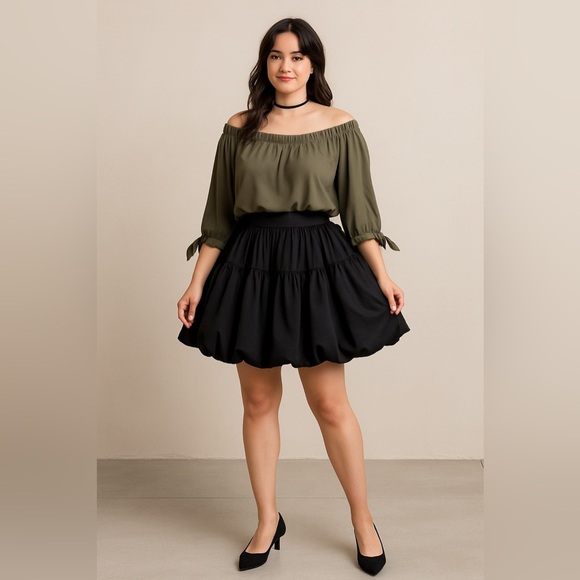 Express Olive Off-Shoulder Peasant Blouse - Size Large - Picture 3 of 7